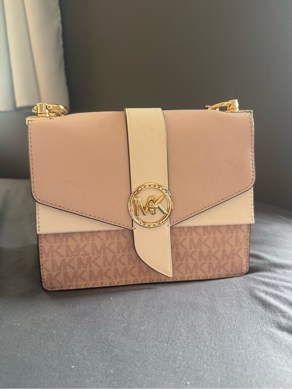 Michael Kors Blush Beige and Brown Logo Leather Crossbody